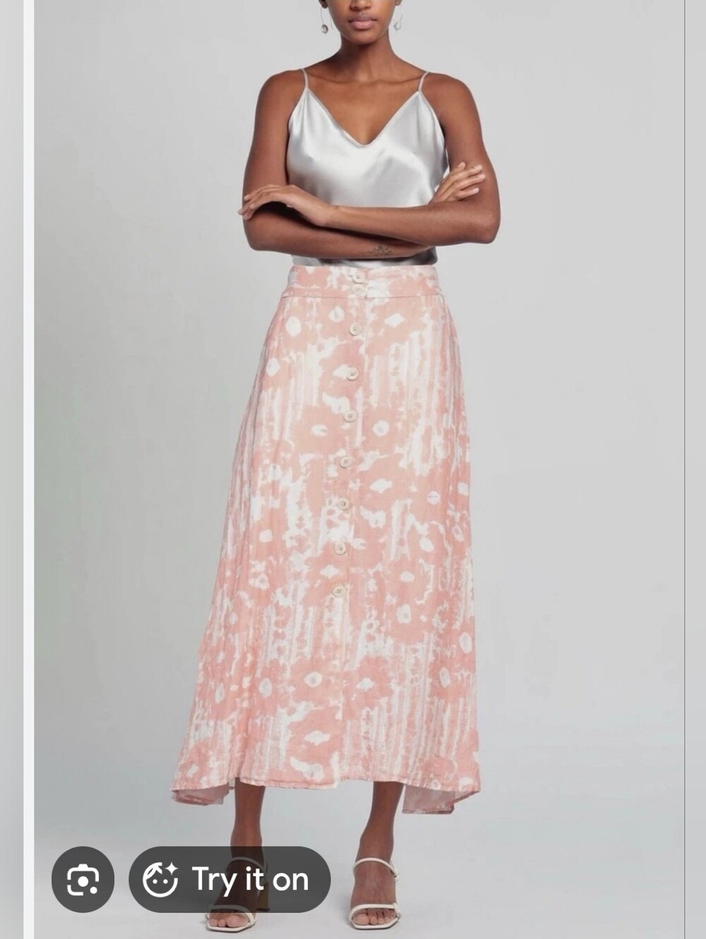 120% Lino Flax Linen Midi Skirt Sz L Has Pockets Elastic Waist Abstract Floral